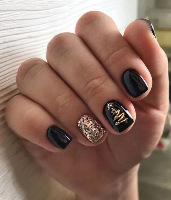 Black Nails With Gold Glitter Accent