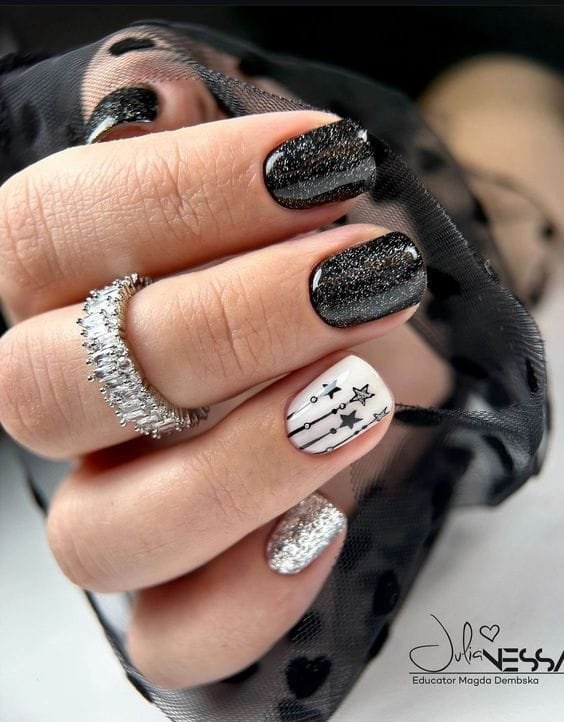Black Silver Glitter White Stars