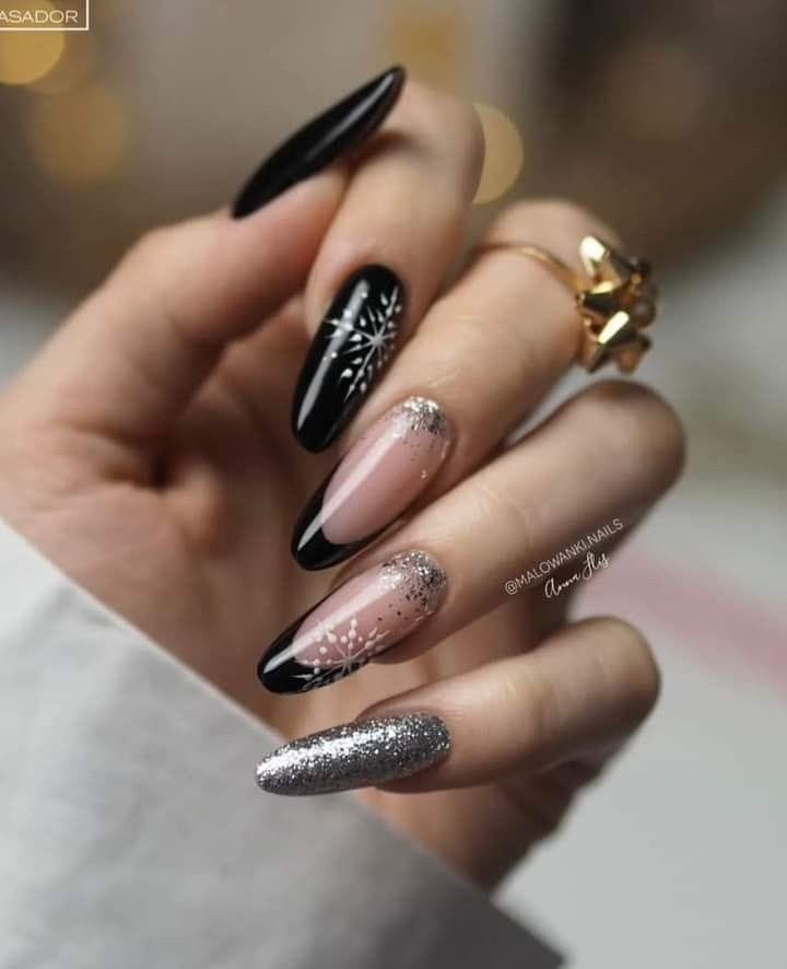 Black Starburst Nails With Silver Glitter