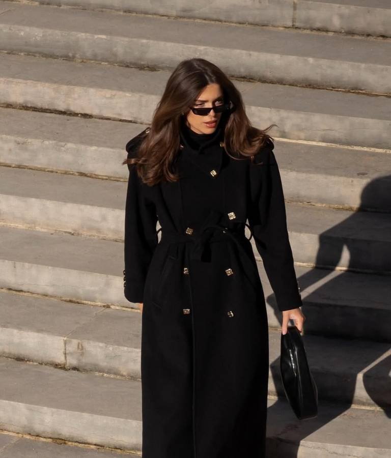 Black Wool Belted Coat with Gold Buttons 1