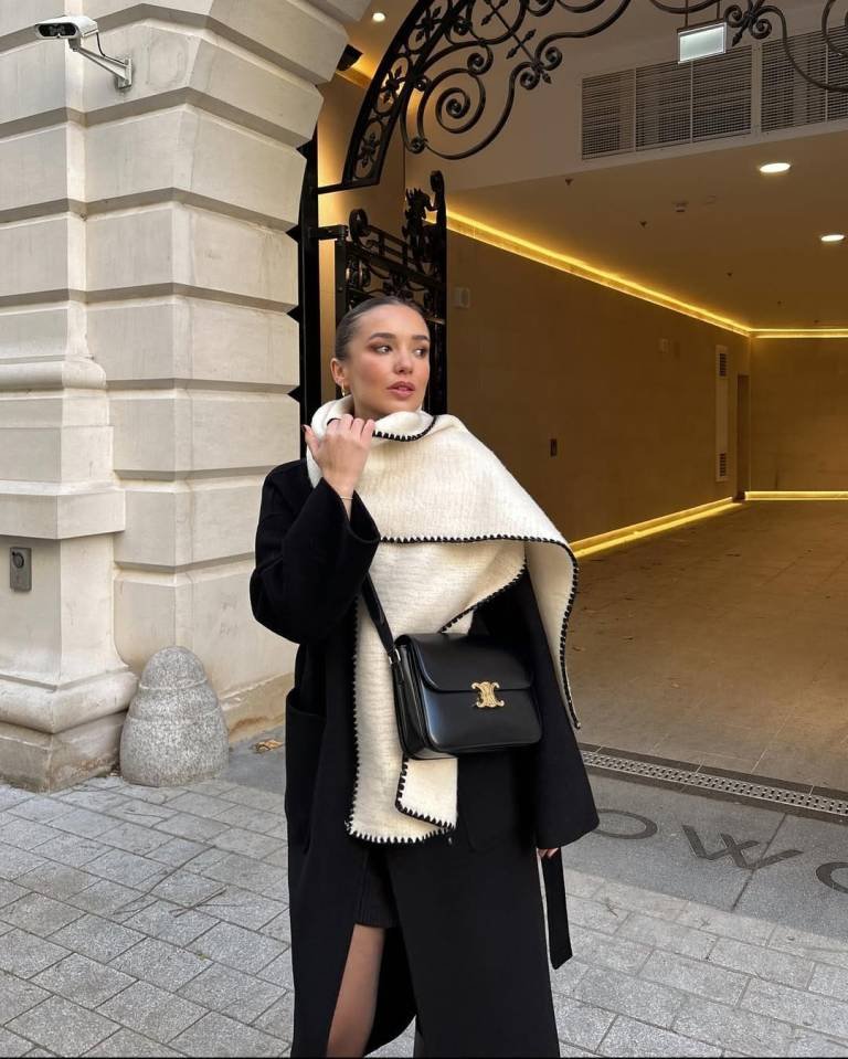 Black Wool Coat and Oversized Cream Blanket Scarf
