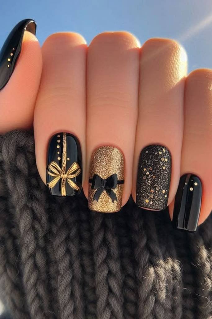 Black and Gold Christmas Nails Under the Winter Sky