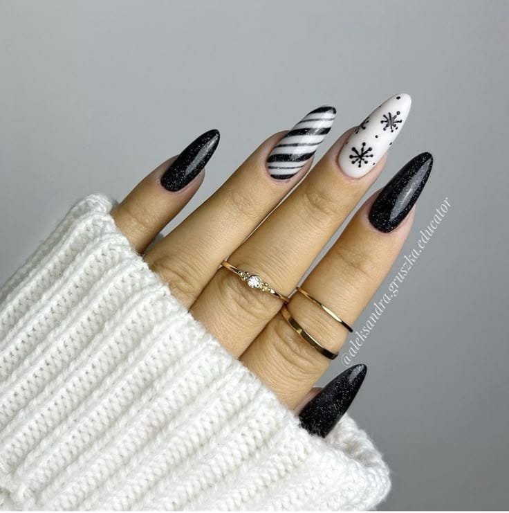 Black and White Almond Nails With Glitter Snowflakes