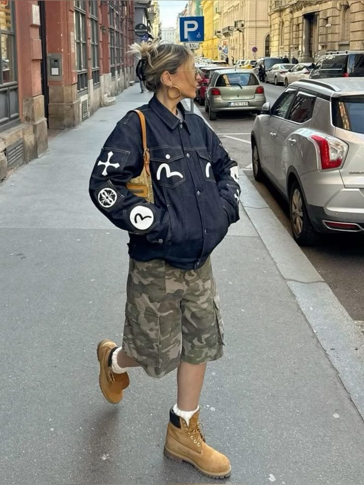 Bold Graphic Denim Jacket Camo Cargo Shorts