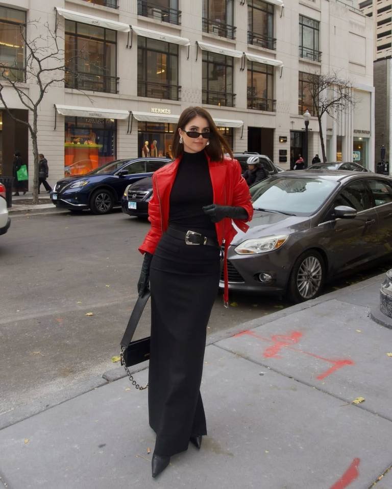 Bold Red Leather Jacket and Sleek All Black Layers
