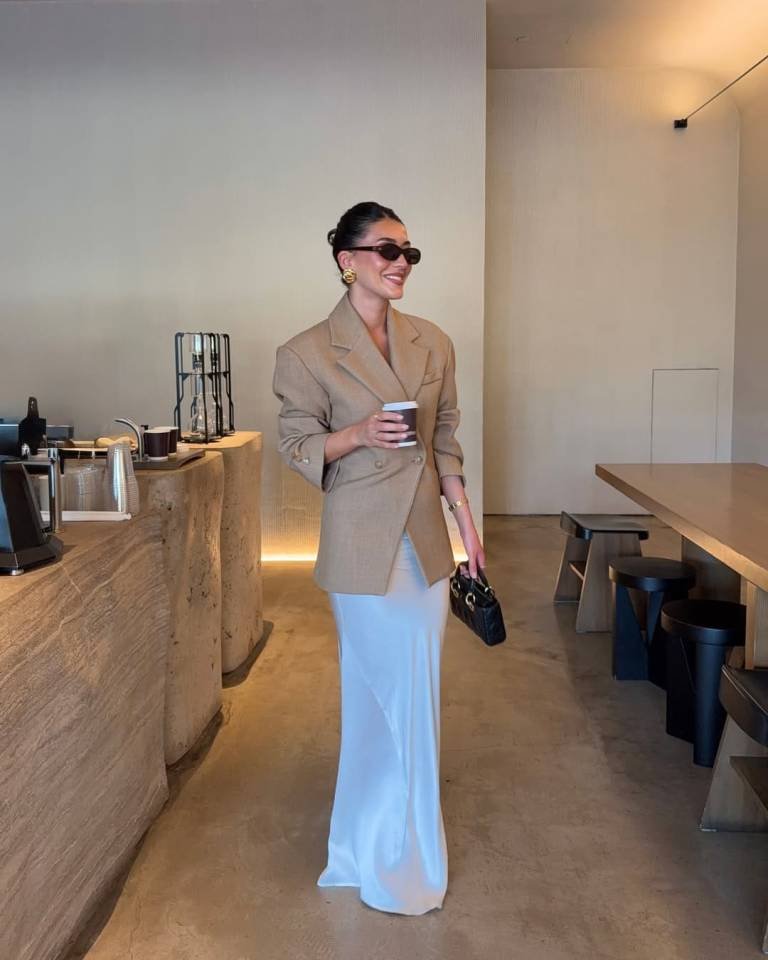 Boxy Camel Blazer and White Maxi Skirt