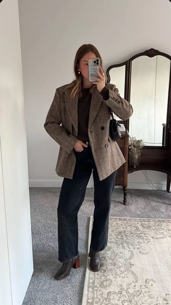 Brown Checkered Blazer With Dark Pants