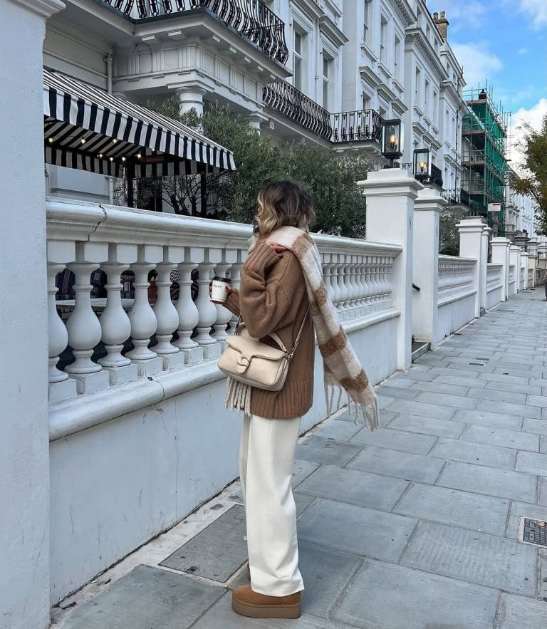 Brown Chunky Knit and Wide Cream Pants