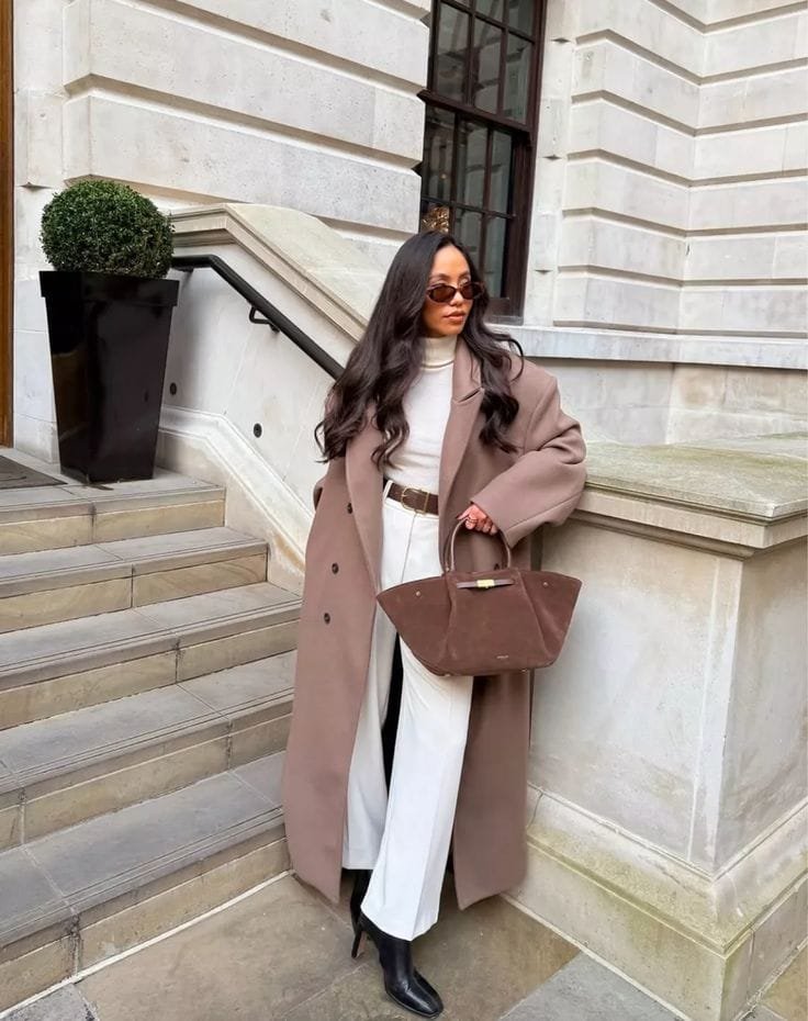 Brown Coat White Outfit Black Ankle Boots