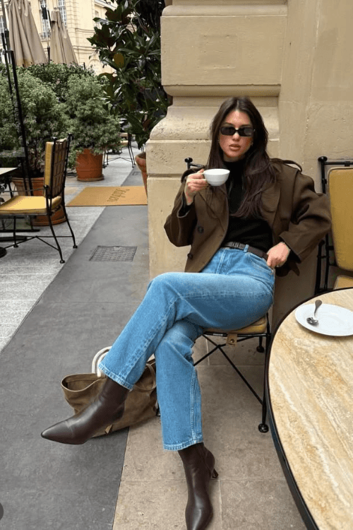 Brown Jacket With Blue Jeans and Brown Boots