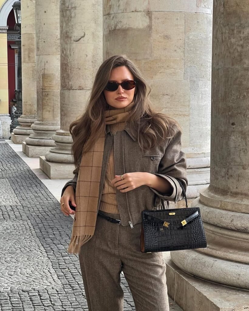 Brown Utility Jacket with Checked Scarf