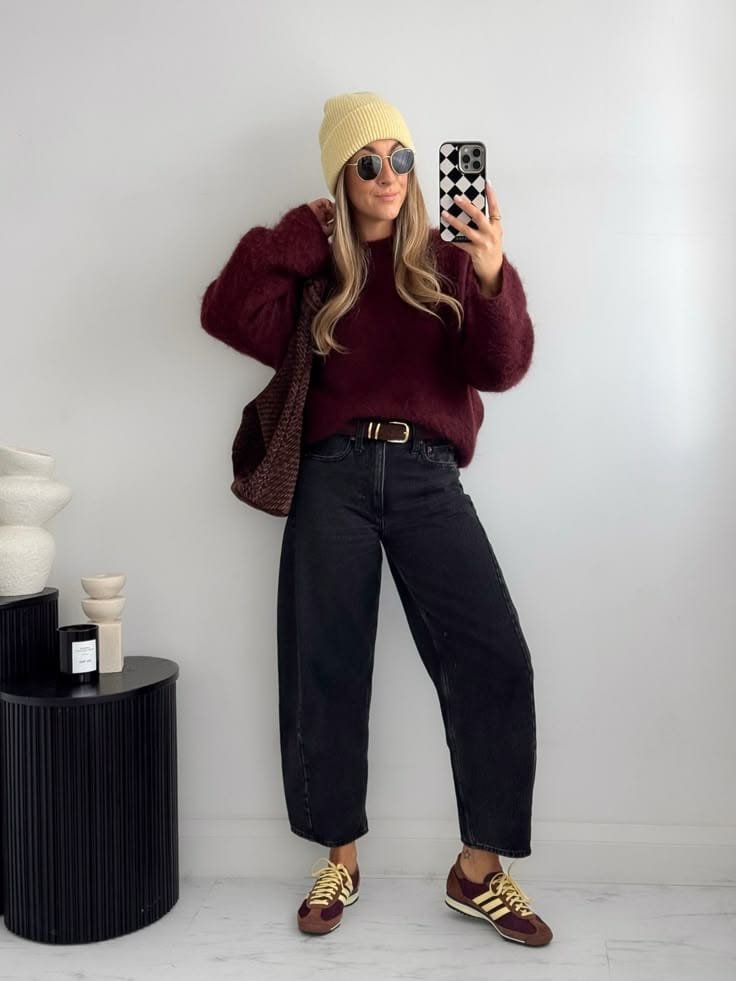 Burgundy Knit Black Barrel Jeans