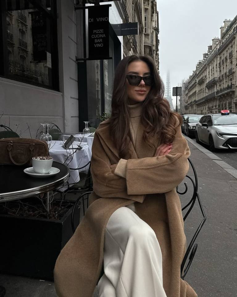 Camel Coat With Creamy Wide Leg Trousers