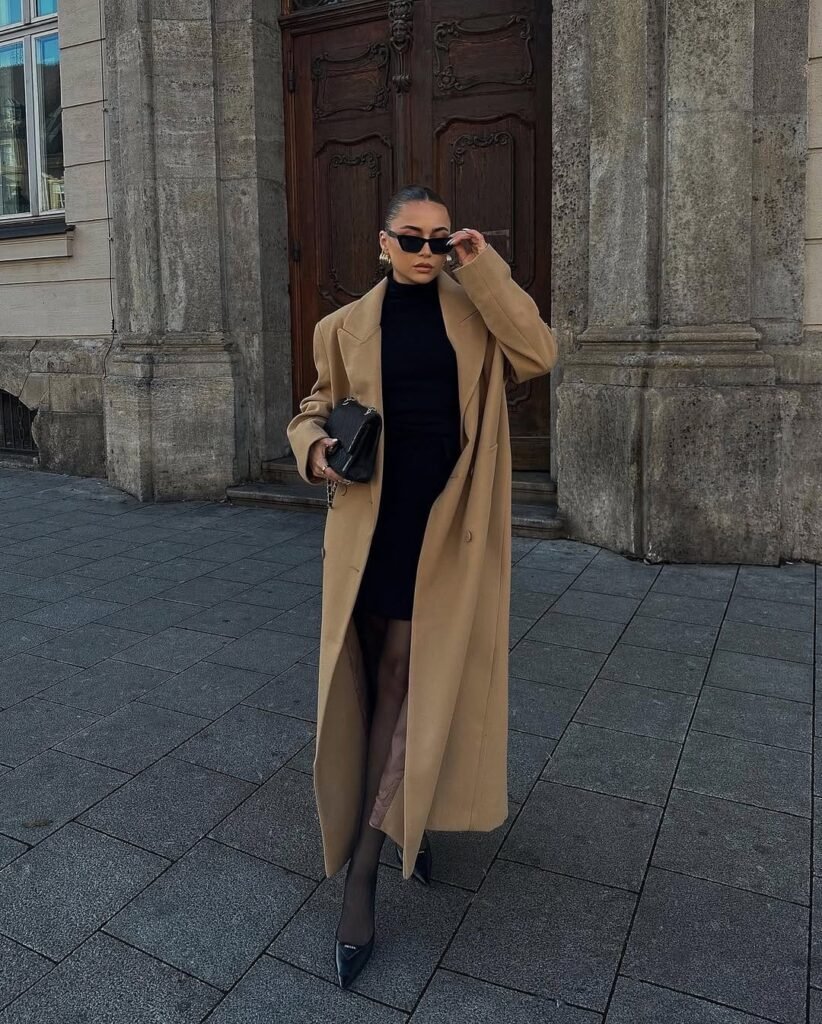 Camel Coat With Sleek Black Dress