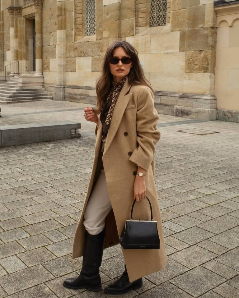 Camel Double Breasted Coat and Cream Trousers
