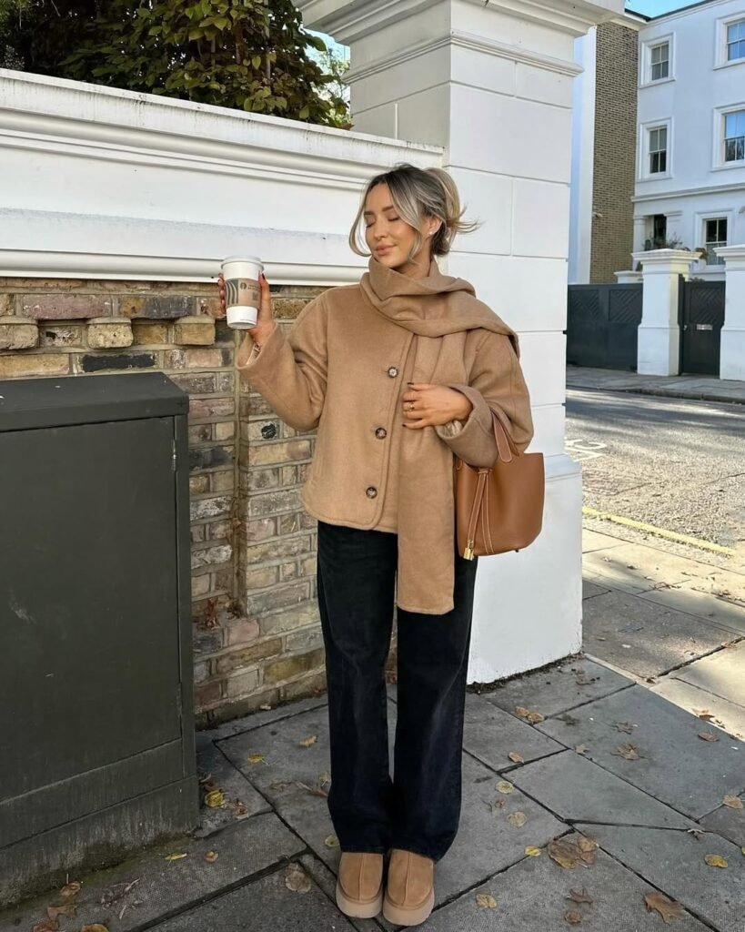 Camel Jacket with Matching Scarf and Wide Leg Trousers