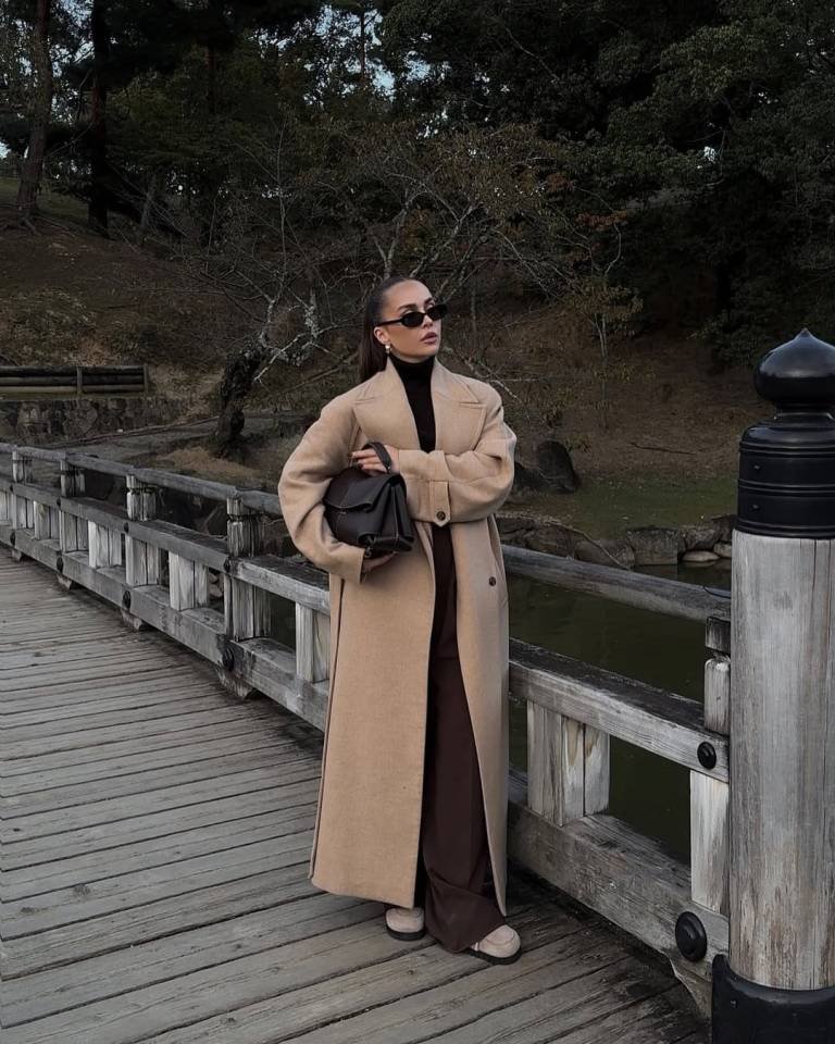 Camel Long Coat with Brown Turtleneck and Wide Leg Pants