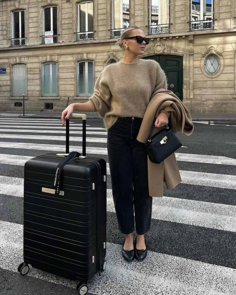 Camel Sweater With Black Straight Leg Jeans