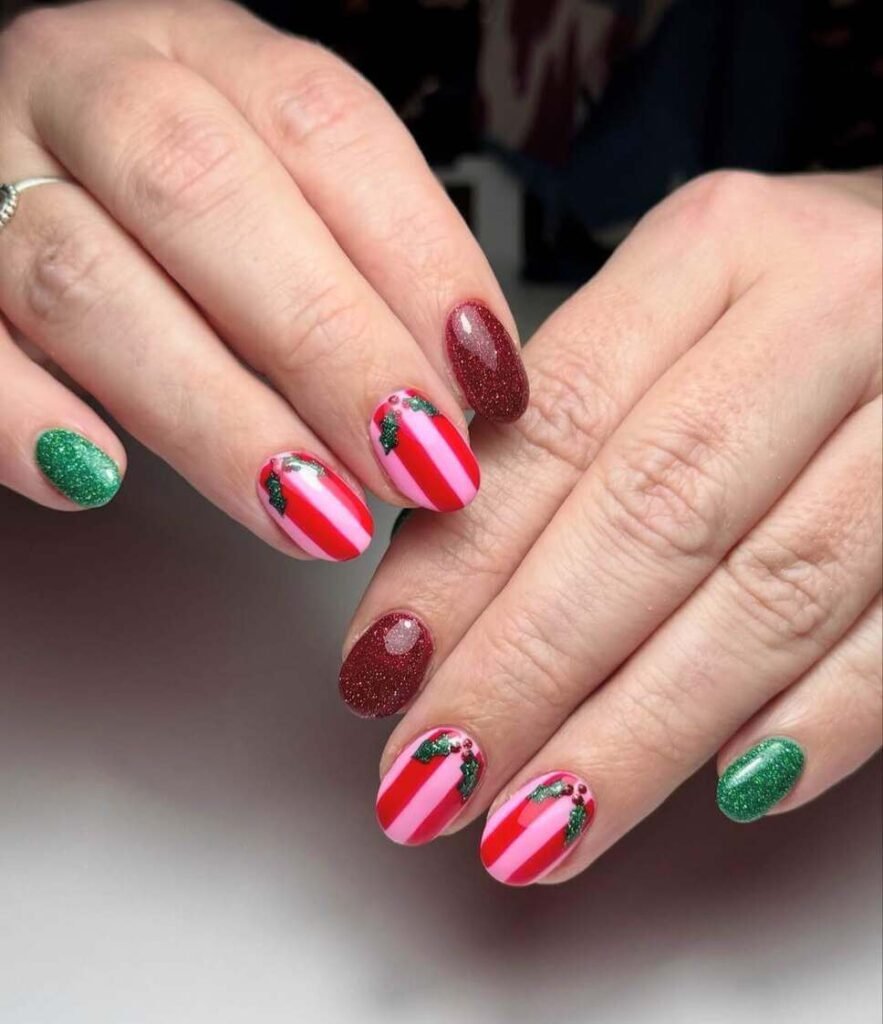 Candy Cane Holly Christmas Nails