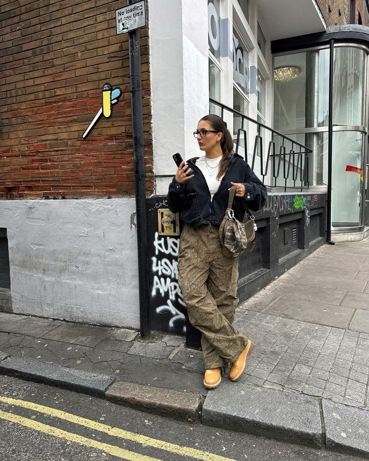 Charcoal Cropped Zip Jacket with Patterned Baggy Pants