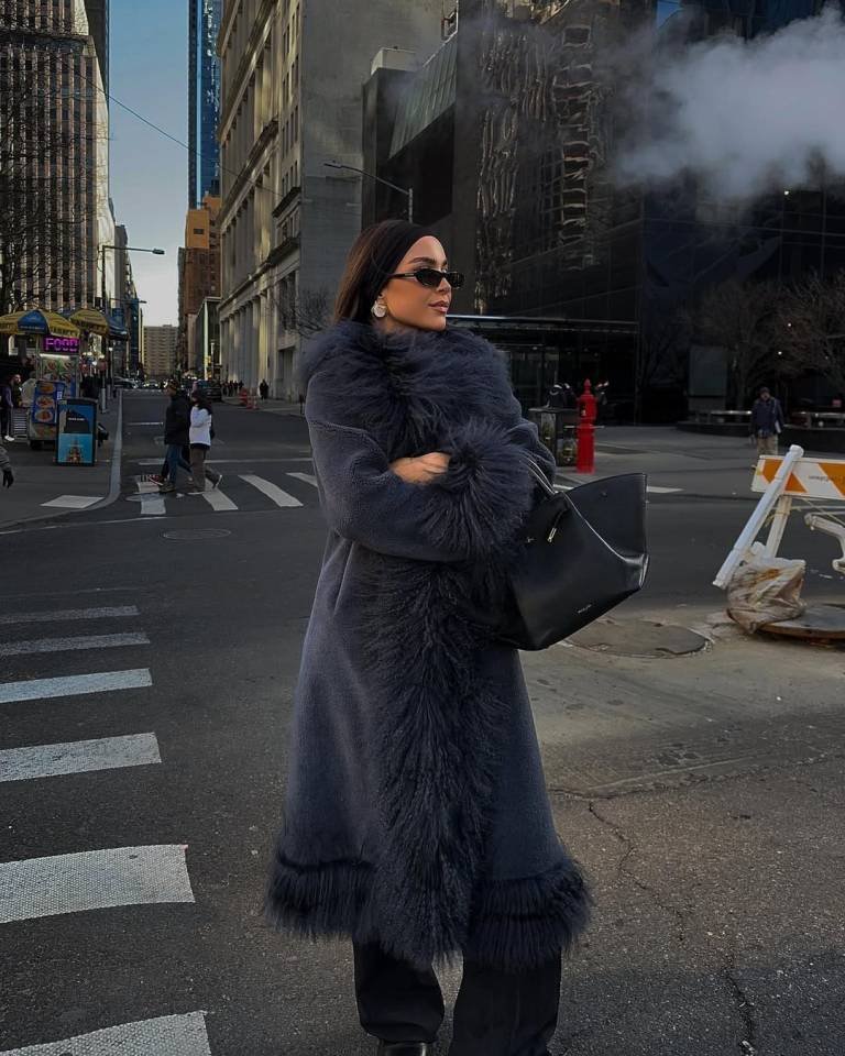 Charcoal Furry Coat and Black Wide Leg Pants