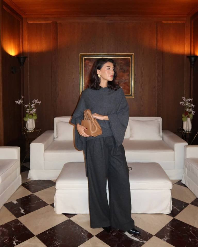 Charcoal Knit Poncho With Wide Leg Trousers