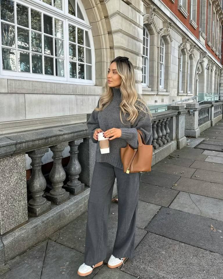 Charcoal Knit Set and Fresh White Sneakers