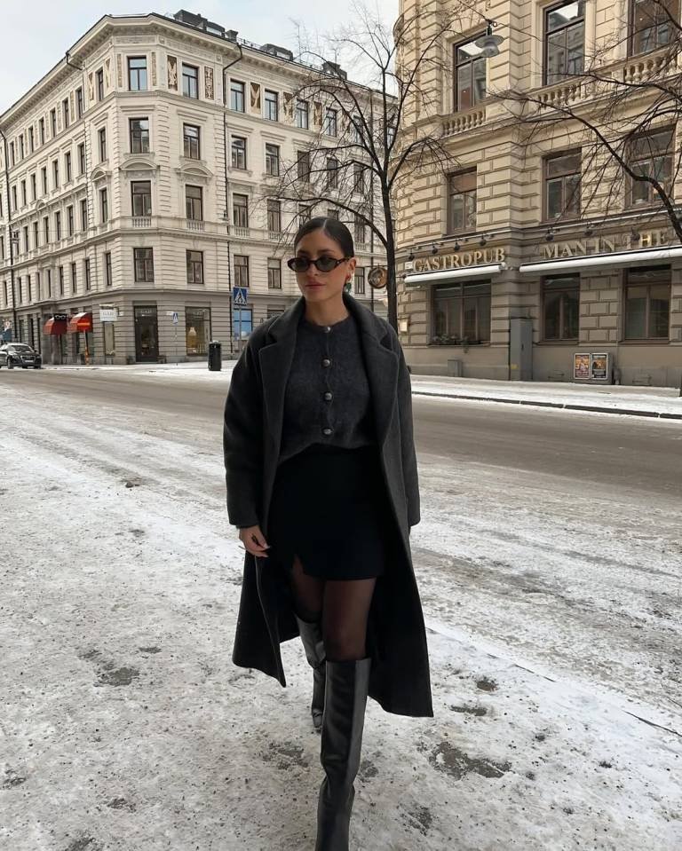 Charcoal Wool Coat and Chic Mini Skirt Combo