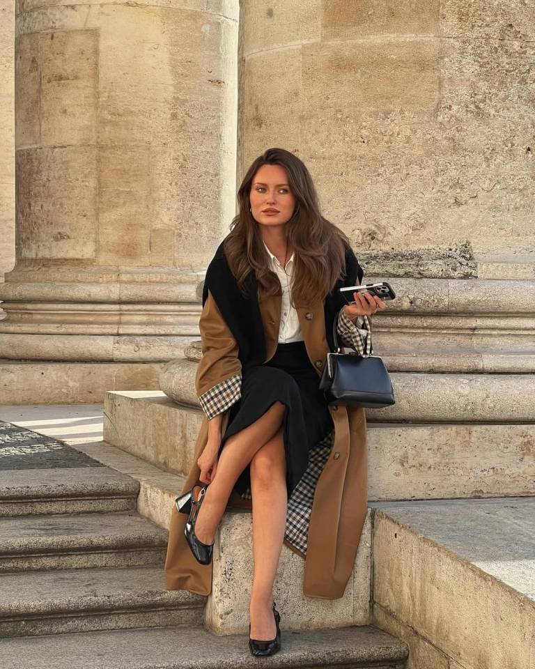 Checked Lined Camel Coat and Classic Black Midi Skirt