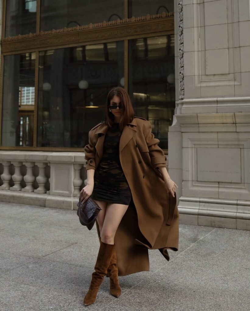 Chic Camel Coat Over Sleek Black Mini Dress
