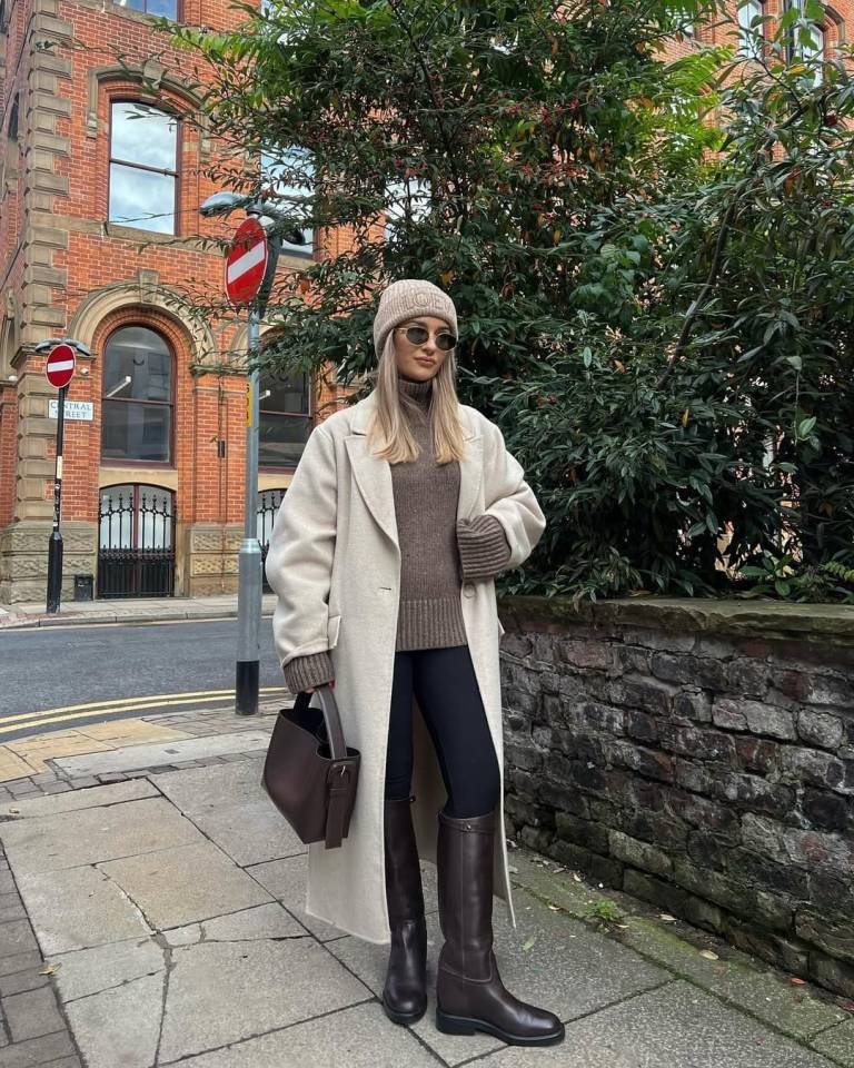 Chic Cream Overcoat and Earthy Knit Layers