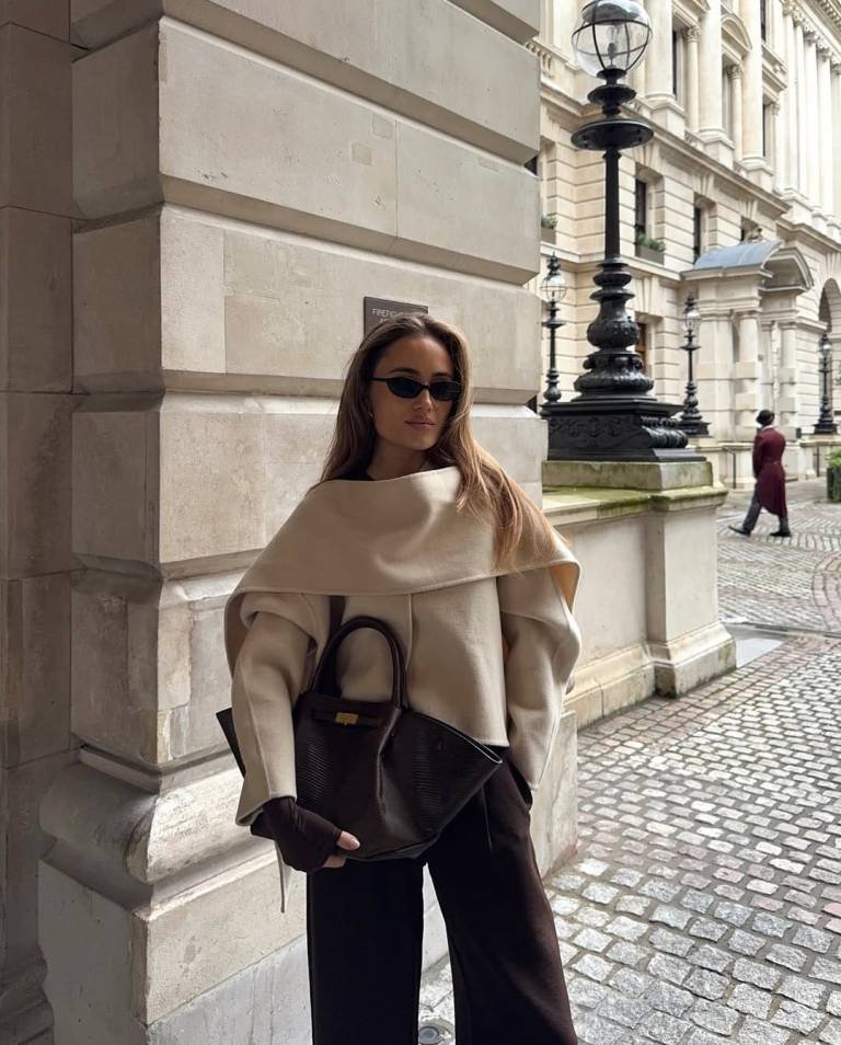 Chic Oversized Beige Cape Sweater with Wide Leg Brown Trousers