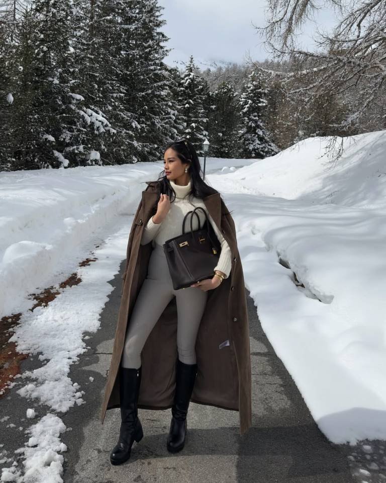 Chocolate Cape Coat and Ivory Knit Layers