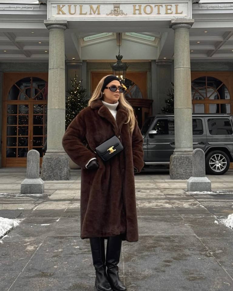 Chocolate Faux Fur Coat With Classic Slim Pants