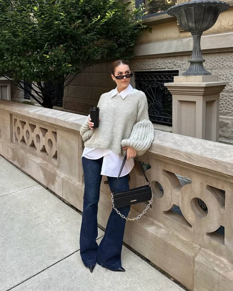 Chunky Knit Sweater with Classic Button Up and Denim