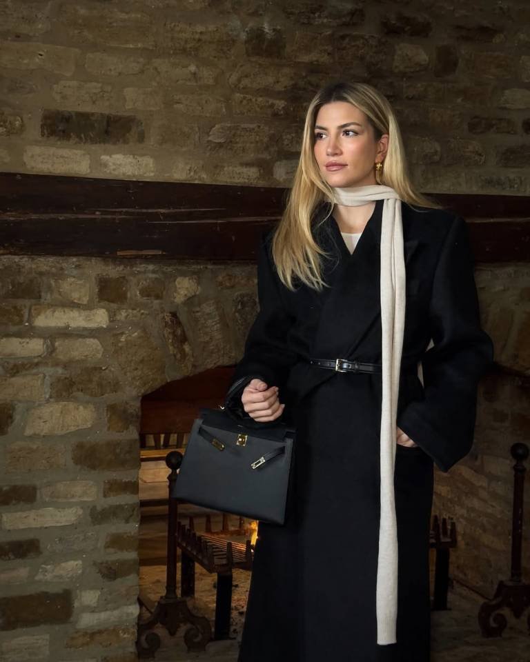 Classic Black Wrap Coat With Minimalist White Scarf