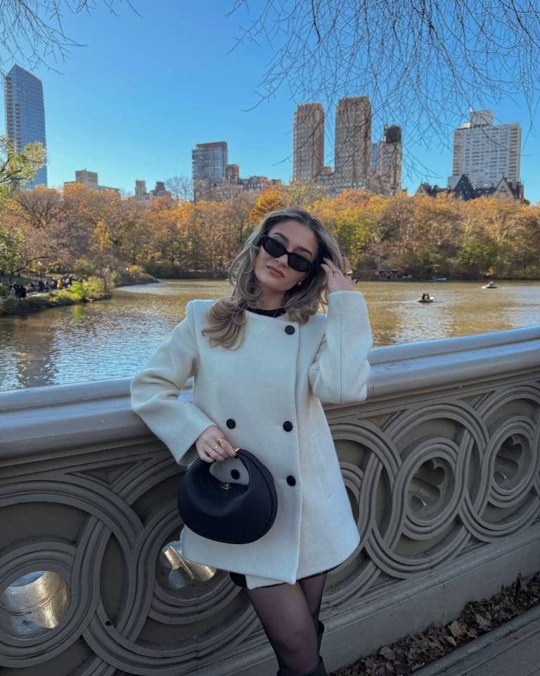 Classic Double Breasted Ivory Coat With Black Mini