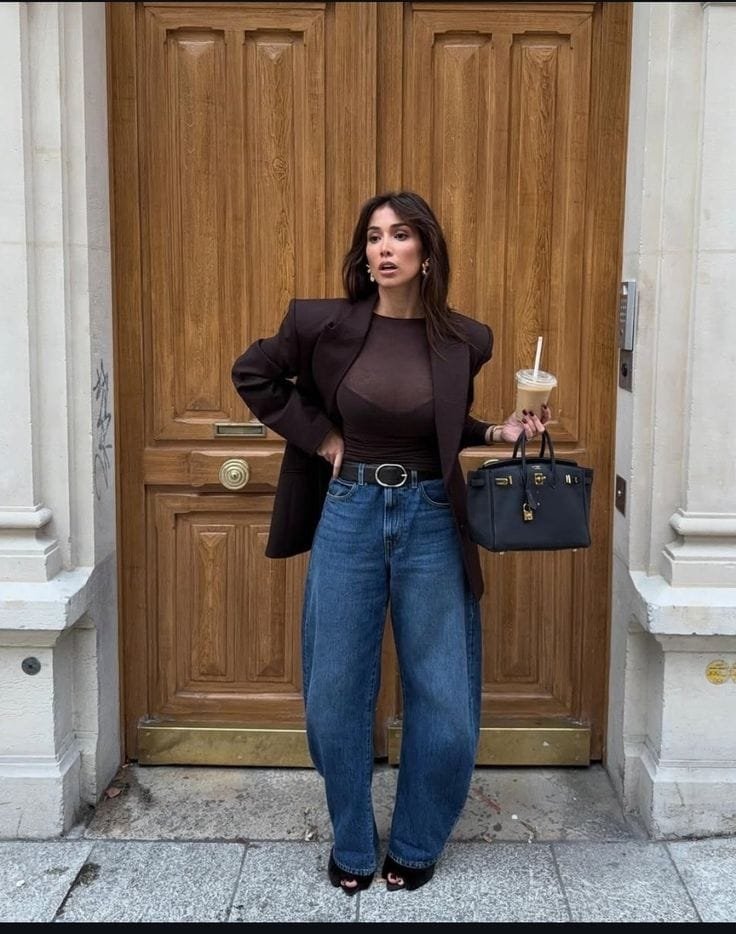 Coffee Blazer Blue Barrel Jeans