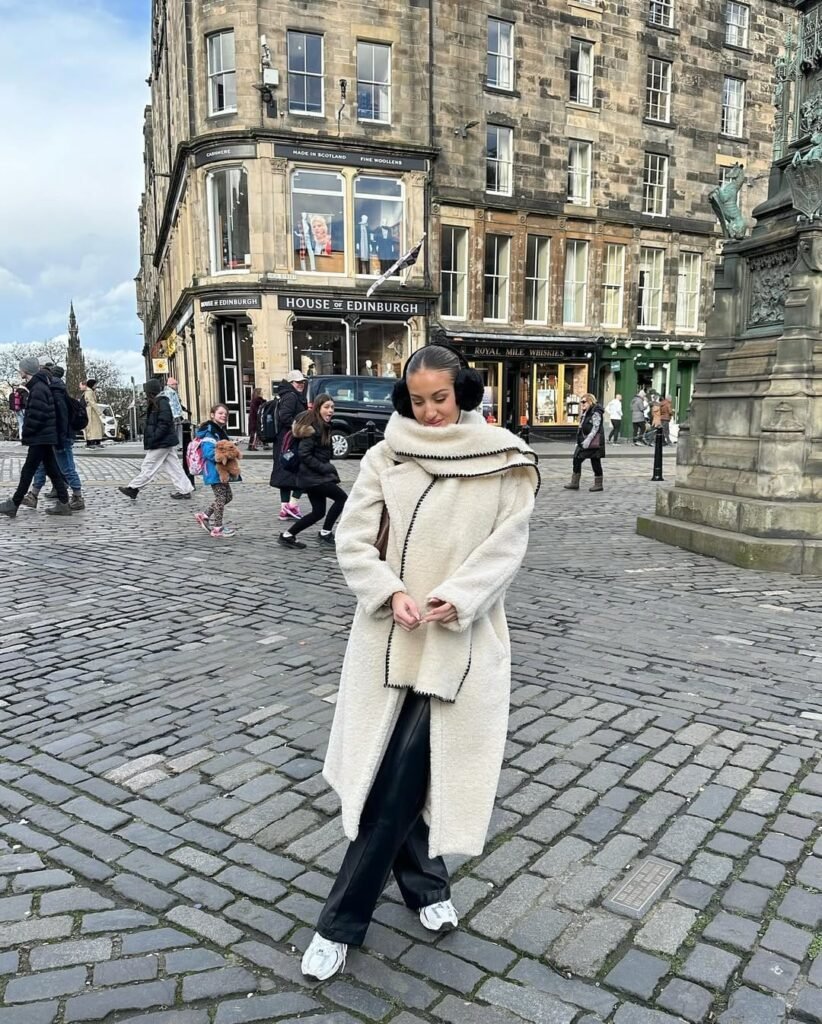 Cozy Oversized Coat with Leather Pants and Sneakers