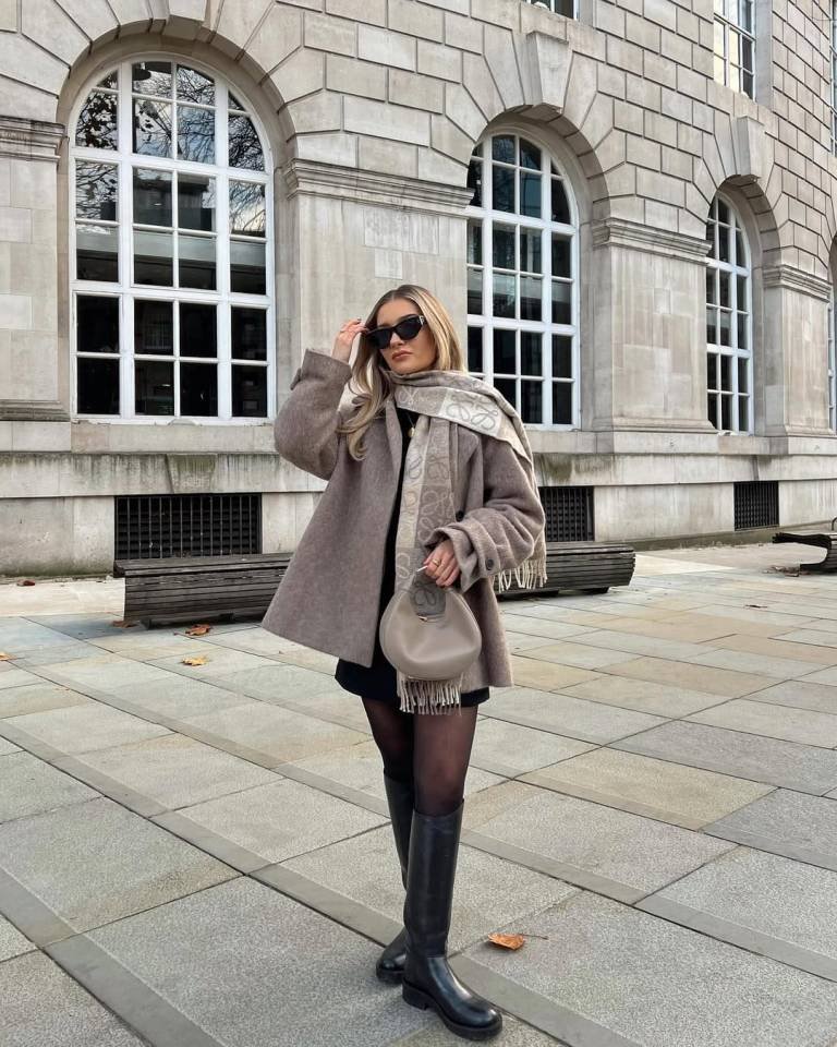 Cozy Taupe Wool Coat and Chic Scarf Layering