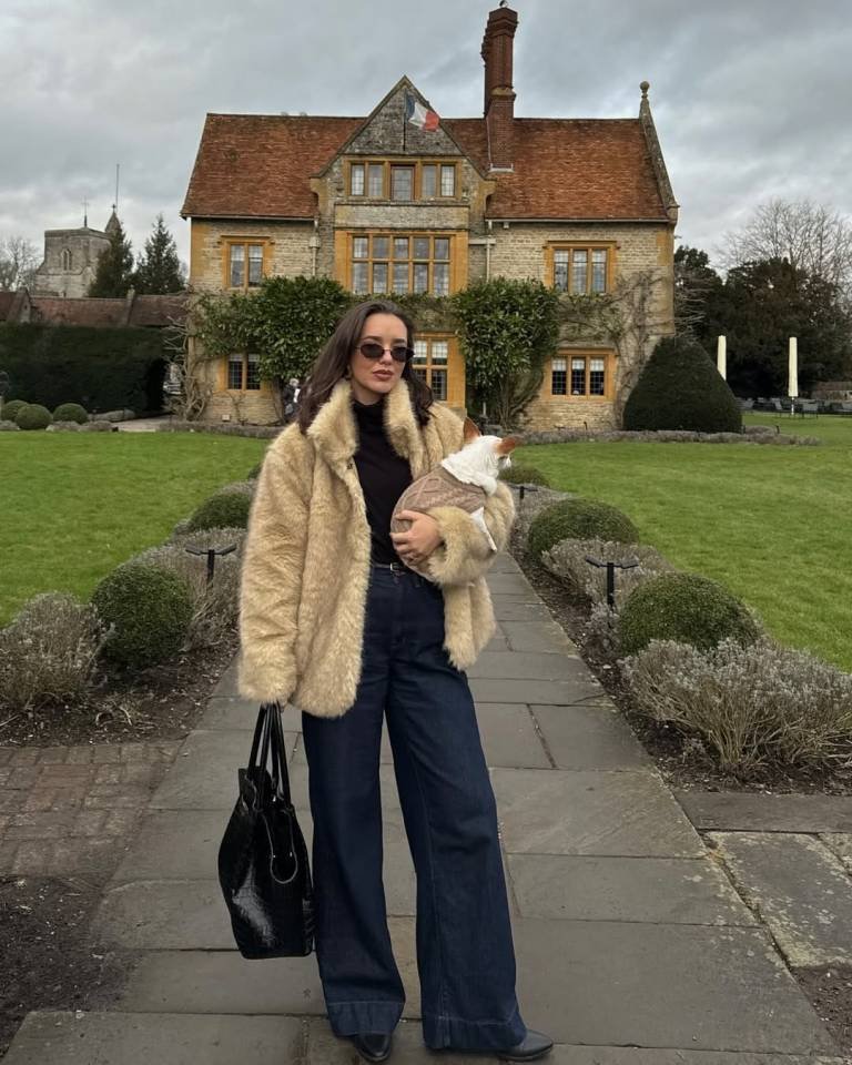 Cream Faux Fur Jacket and Relaxed Wide Leg Jeans