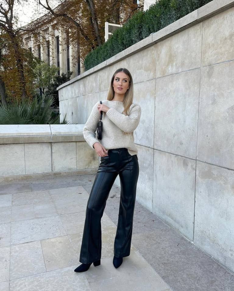 Cream Sweater Black Leather Pants Black Boots