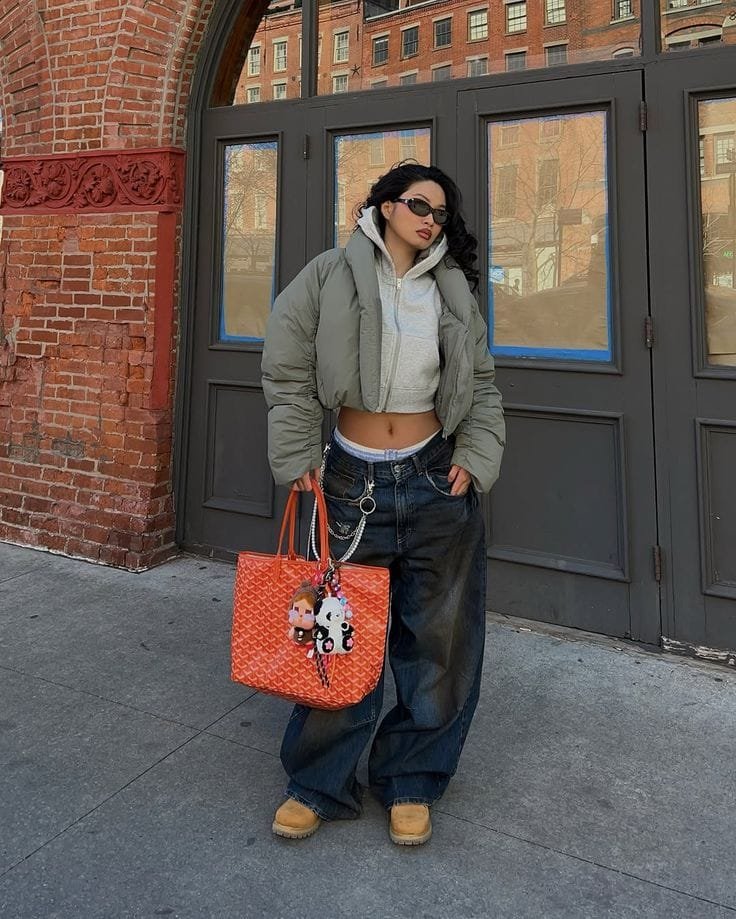 Cropped Sage Puffer with Dark Oversized Denim