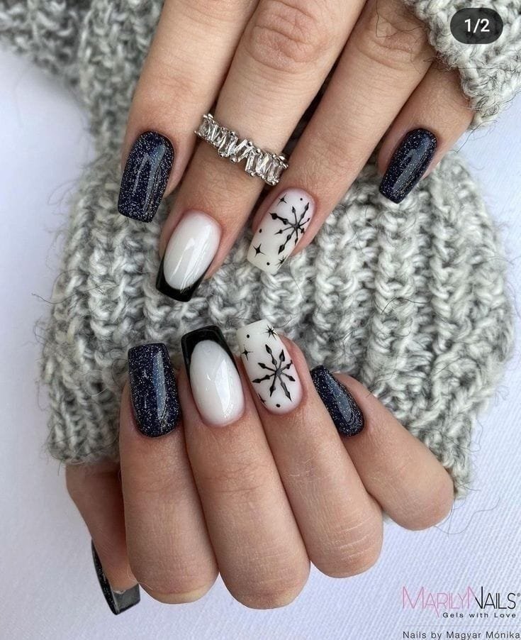 Dark Blue and Black Snowflake Nails