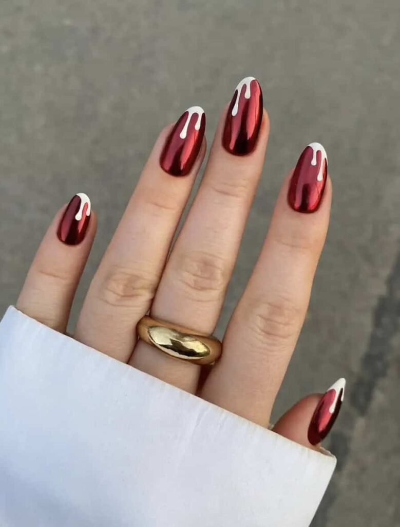 Dark Red Nails White Drip Tips