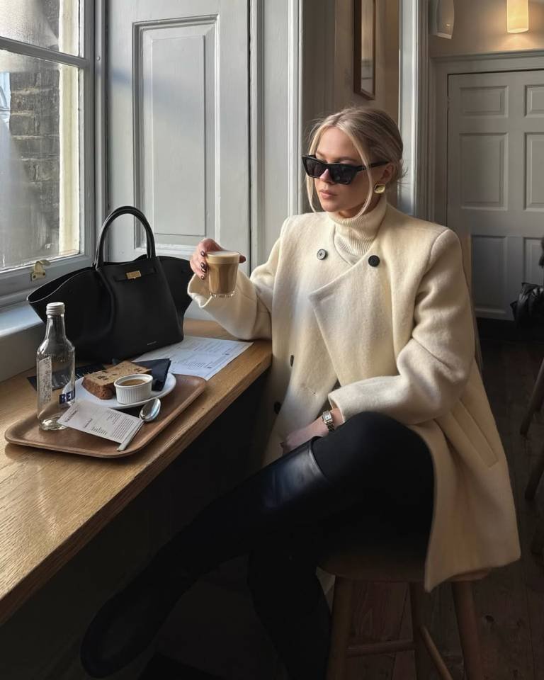 Double Breasted Wool Coat and Black Riding Boots