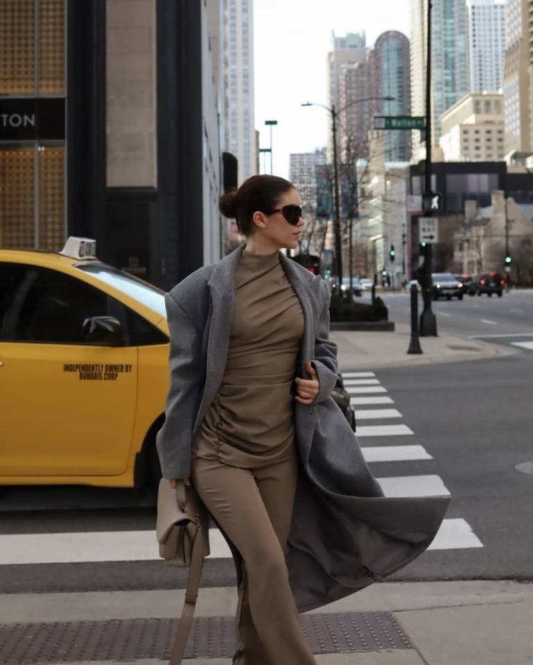 Drape Front Grey Coat and Taupe Ruched Set