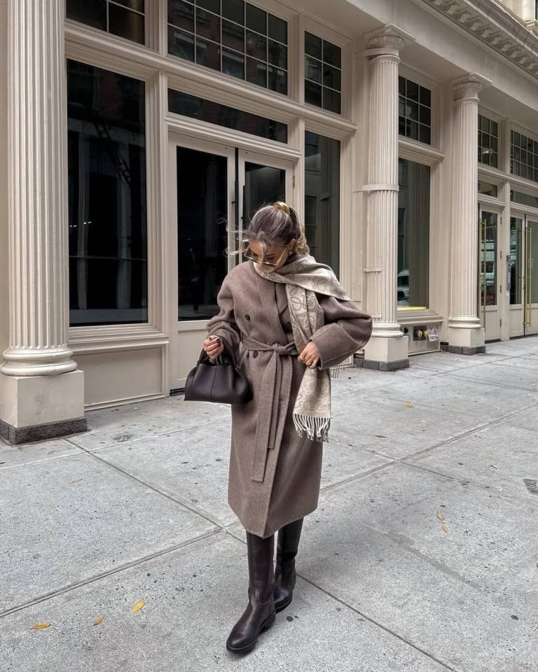 Elegant Belted Wool Coat with Luxe Scarf