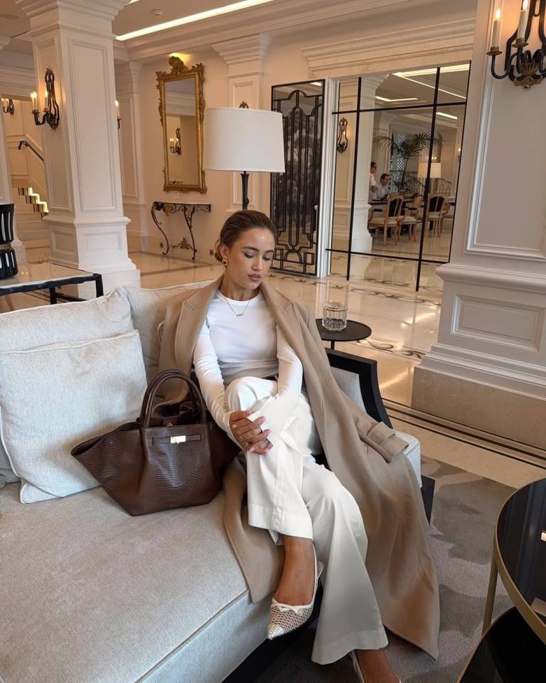 Elegant Camel Overcoat With Crisp White Top and Trousers