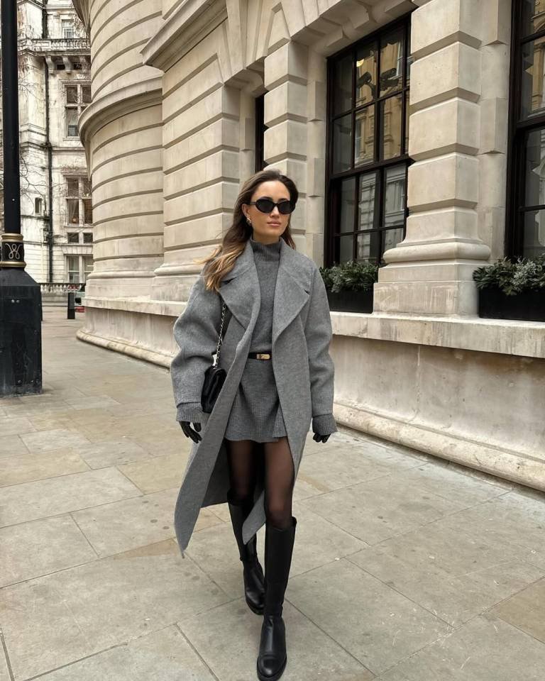Elegant Grey Wrap Coat With Knit Mini Dress
